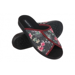 Papuci de casa femei Mjartan 507-L50 negri cu floricele multicolore